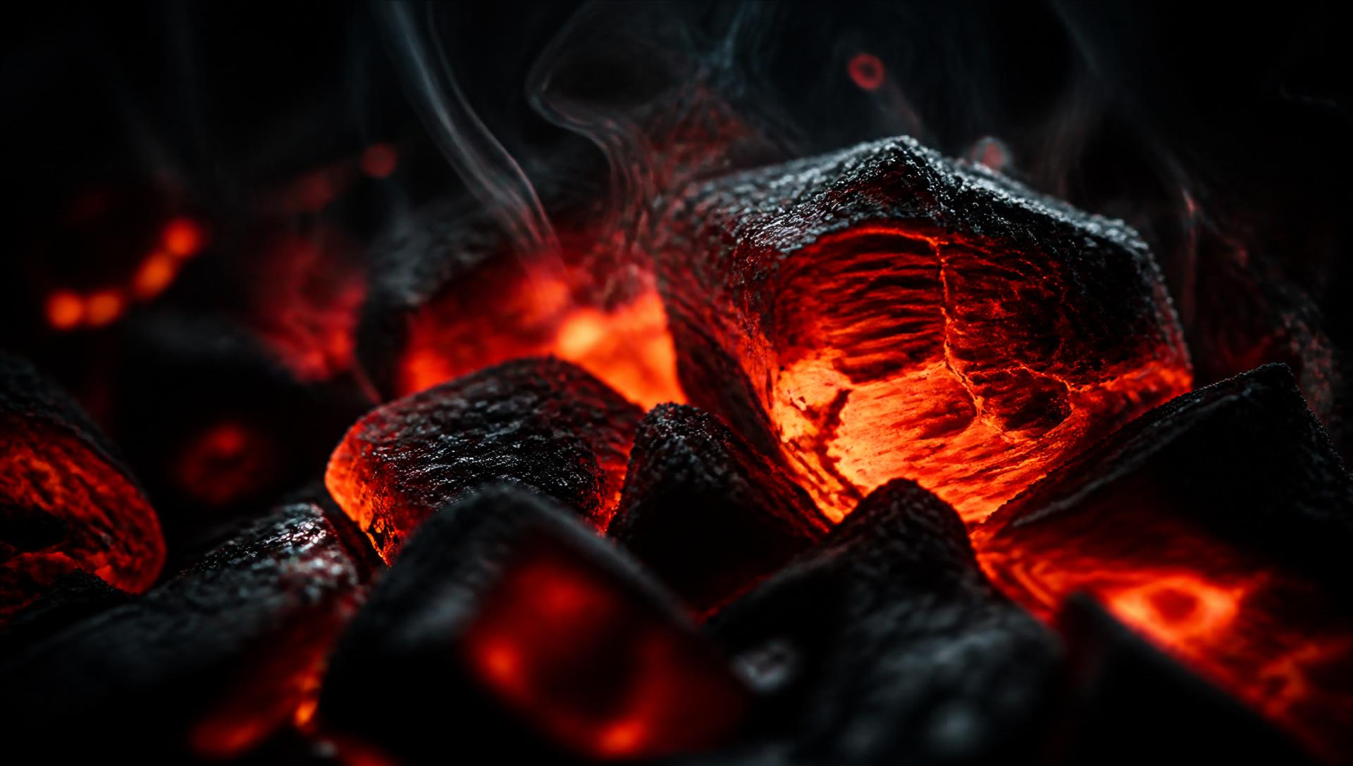 Intense glowing FLAMORA charcoal embers and smoke wisps in deep black